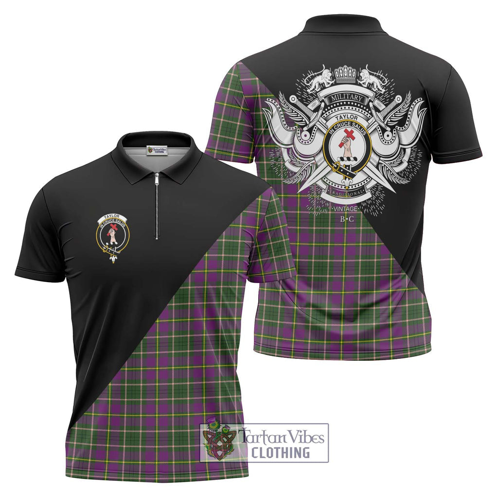 Taylor (Tailylour) Tartan Zipper Polo Shirt with Family Crest and Military Logo Style Unisex - Tartanvibesclothing Shop