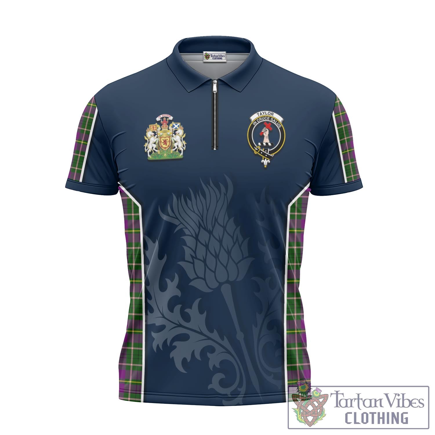 Tartan Vibes Clothing Taylor Tartan Zipper Polo Shirt with Family Crest and Scottish Thistle Vibes Sport Style