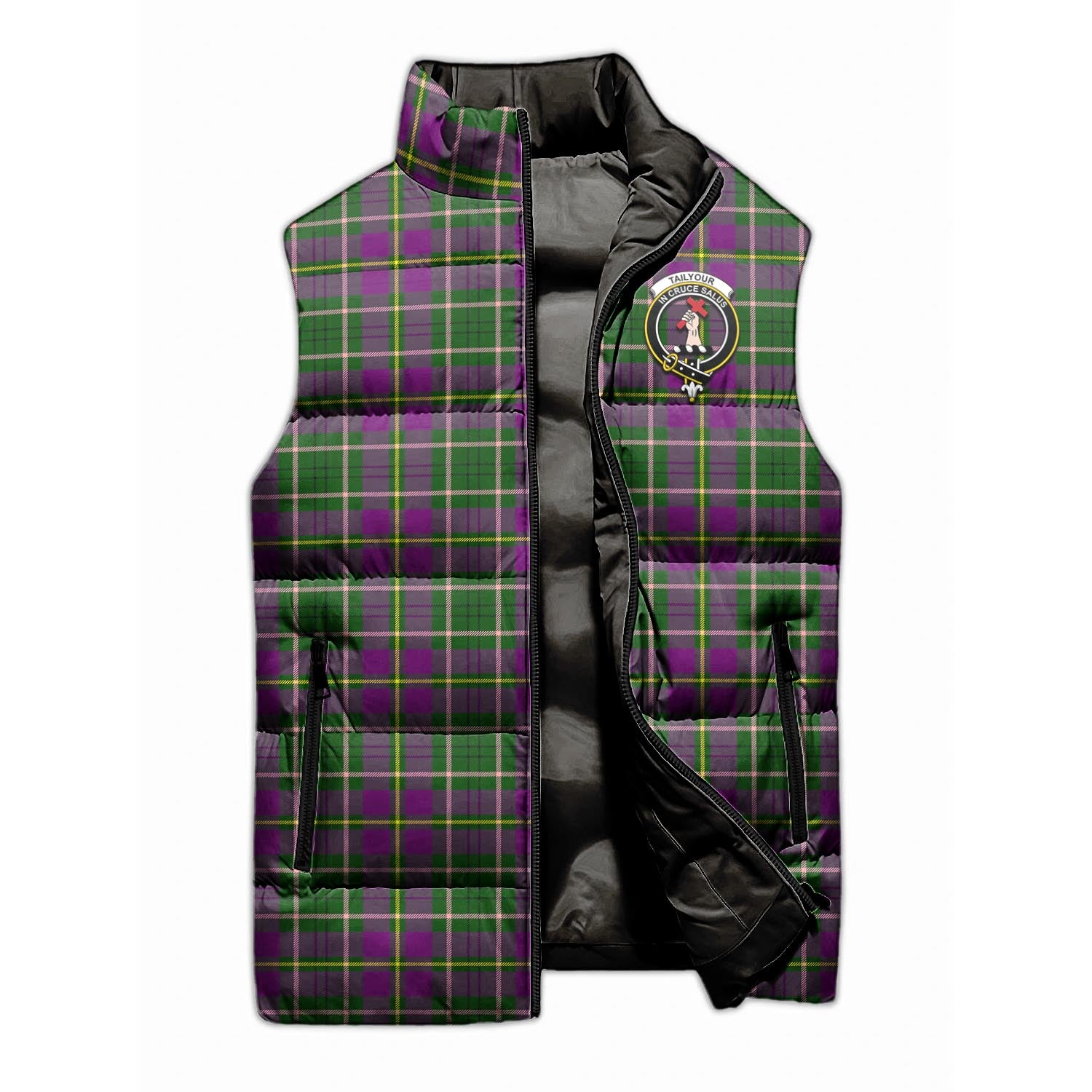 Taylor Tartan Sleeveless Puffer Jacket with Family Crest - Tartanvibesclothing