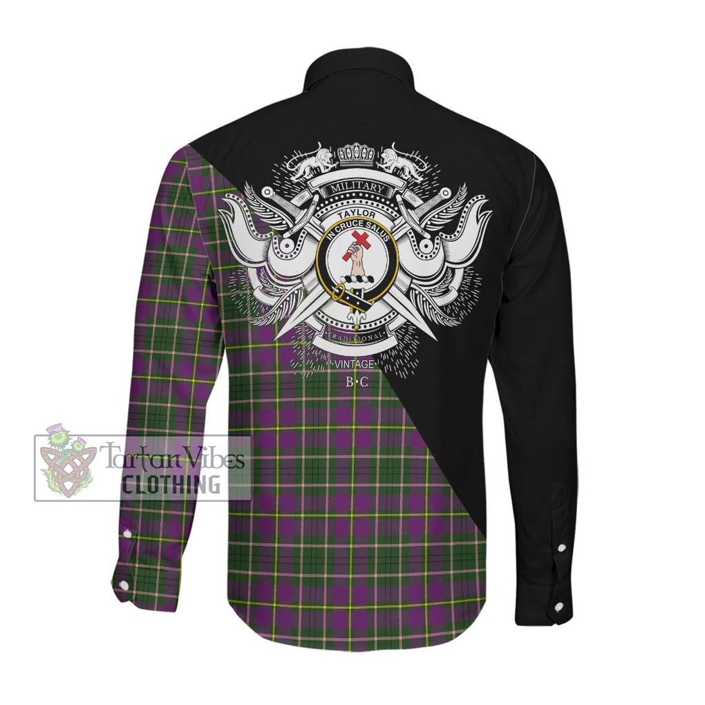 Taylor (Tailylour) Tartan Long Sleeve Button Shirt with Family Crest and Military Logo Style Men's Shirt - Tartanvibesclothing Shop