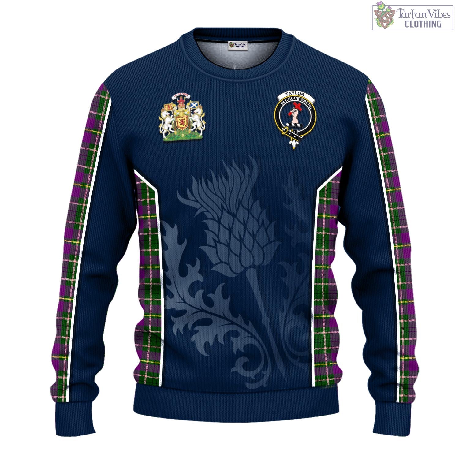 Tartan Vibes Clothing Taylor Tartan Knitted Sweatshirt with Family Crest and Scottish Thistle Vibes Sport Style