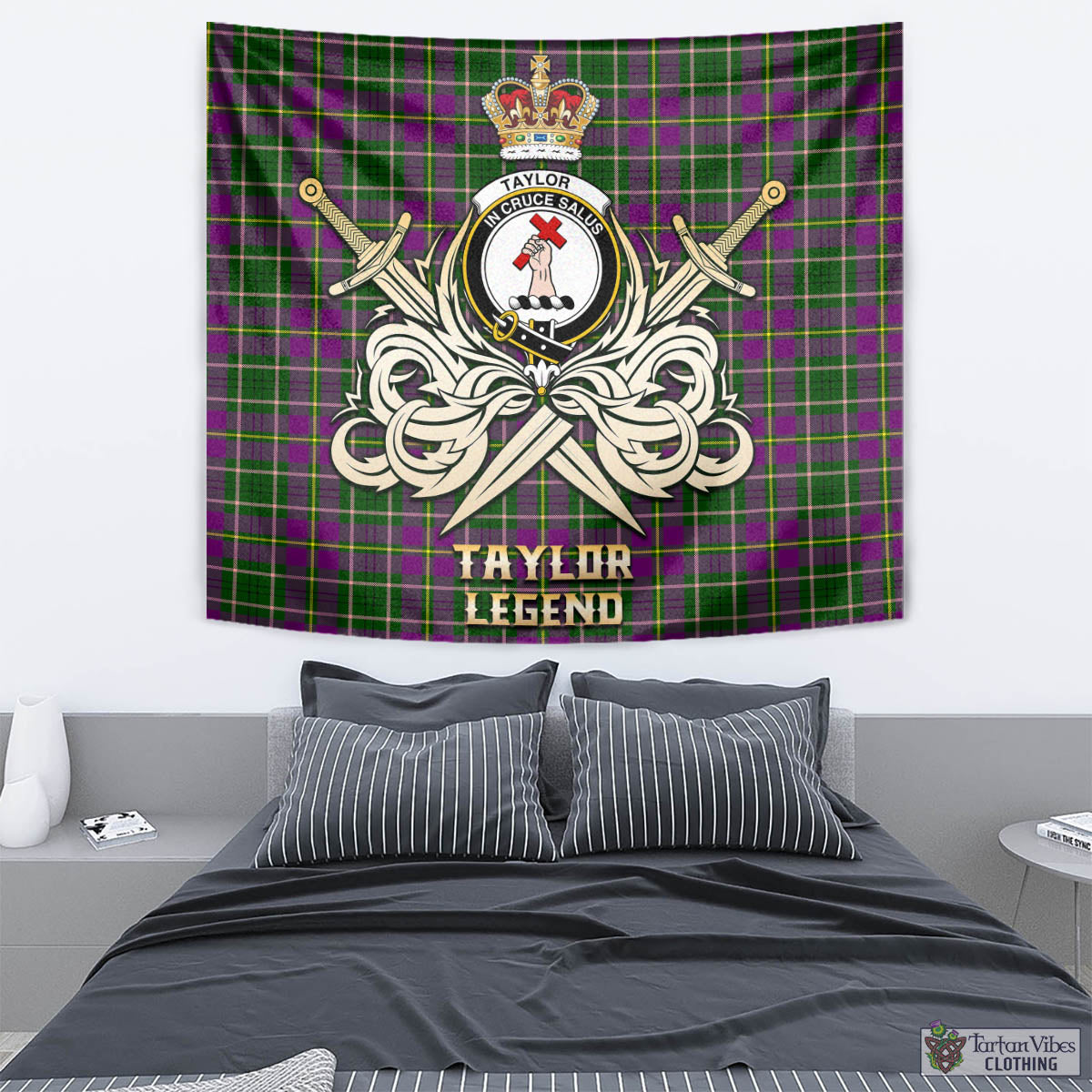 Tartan Vibes Clothing Taylor Tartan Tapestry with Clan Crest and the Golden Sword of Courageous Legacy