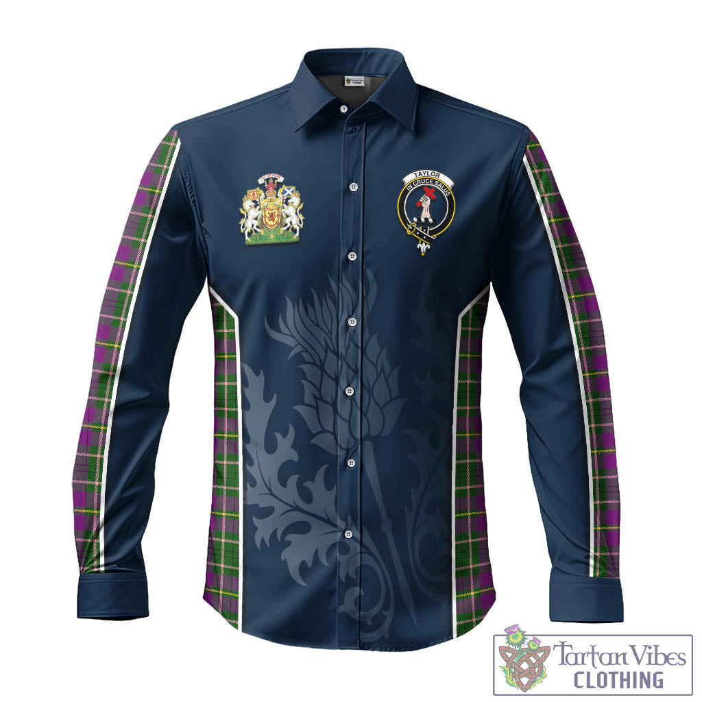 Tartan Vibes Clothing Taylor Tartan Long Sleeve Button Up Shirt with Family Crest and Scottish Thistle Vibes Sport Style