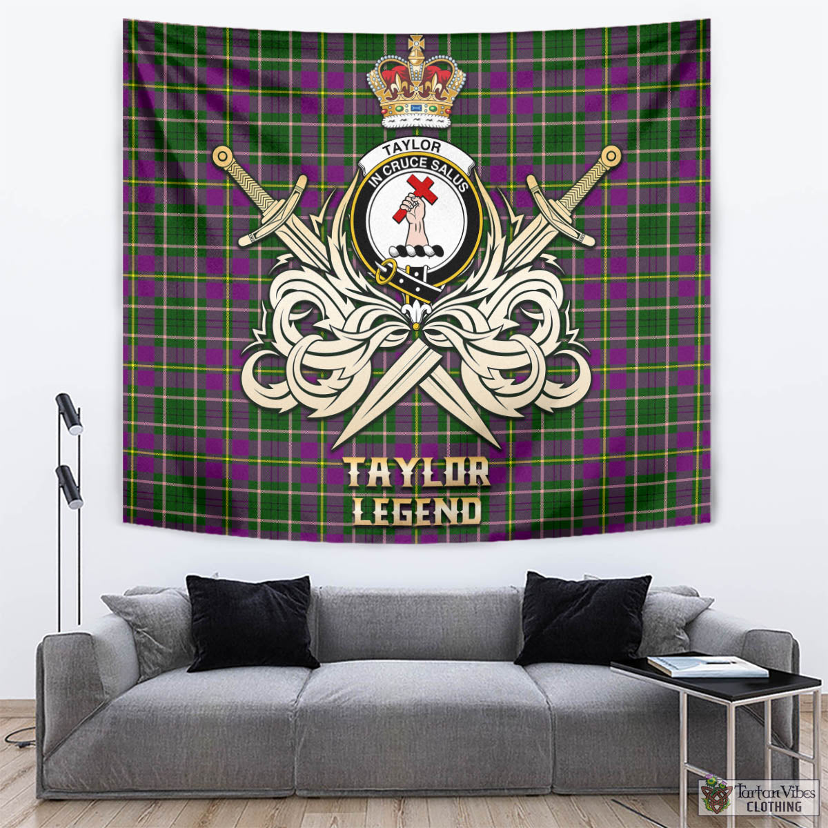 Tartan Vibes Clothing Taylor Tartan Tapestry with Clan Crest and the Golden Sword of Courageous Legacy