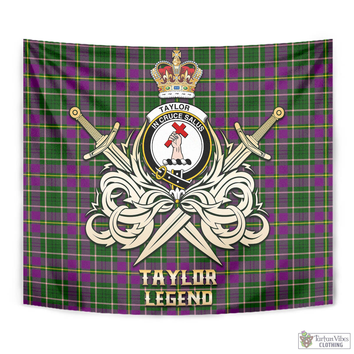 Tartan Vibes Clothing Taylor Tartan Tapestry with Clan Crest and the Golden Sword of Courageous Legacy