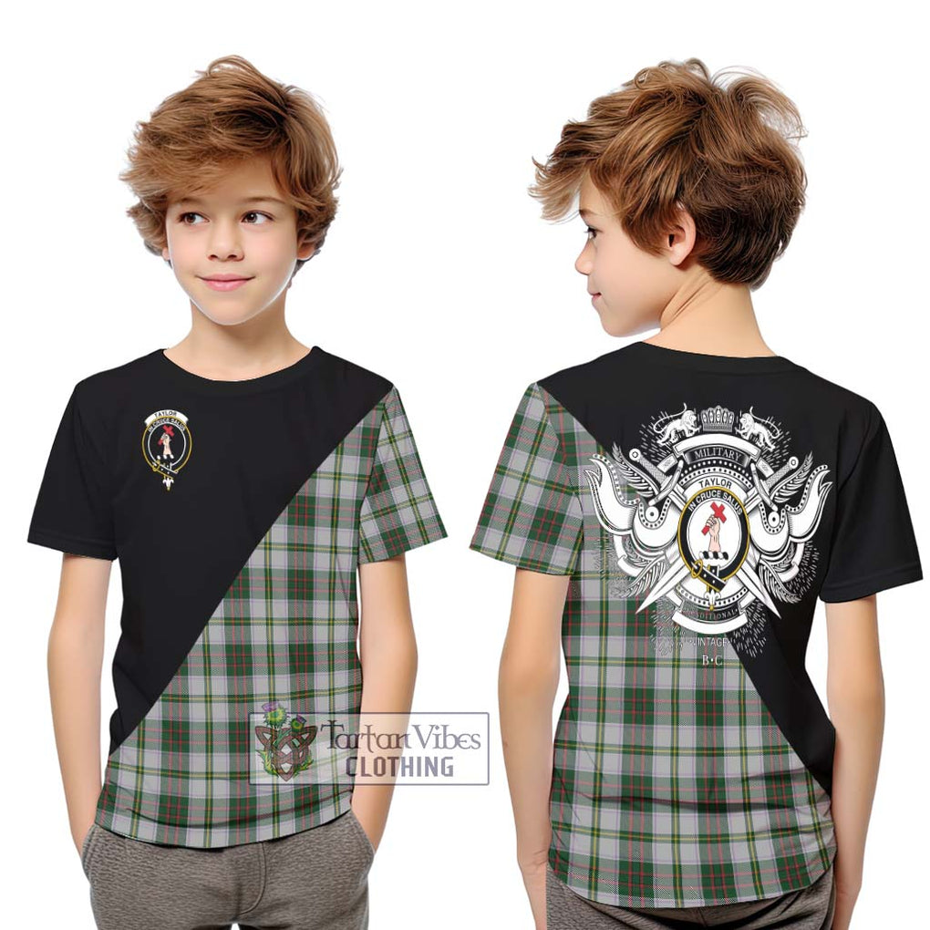 Taylor Dress Tartan Kid T-Shirt with Family Crest and Military Logo Style Youth XL Size14 - Tartanvibesclothing Shop