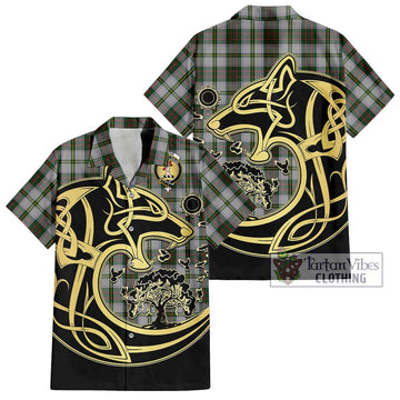 Taylor Dress Tartan Short Sleeve Button Shirt with Family Crest Celtic Wolf Style