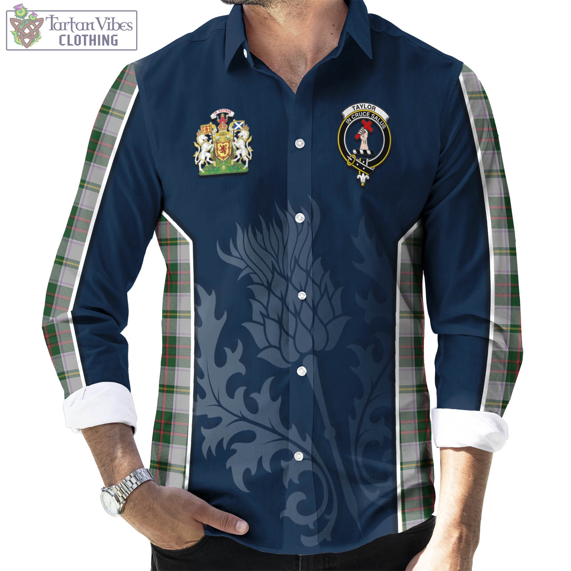 Tartan Vibes Clothing Taylor Dress Tartan Long Sleeve Button Up Shirt with Family Crest and Scottish Thistle Vibes Sport Style