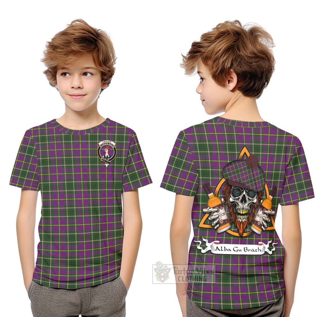 Tartan Vibes Clothing Taylor (Tailylour) Tartan Kid T-Shirt with Family Crest and Bearded Skull Holding Bottles of Whiskey