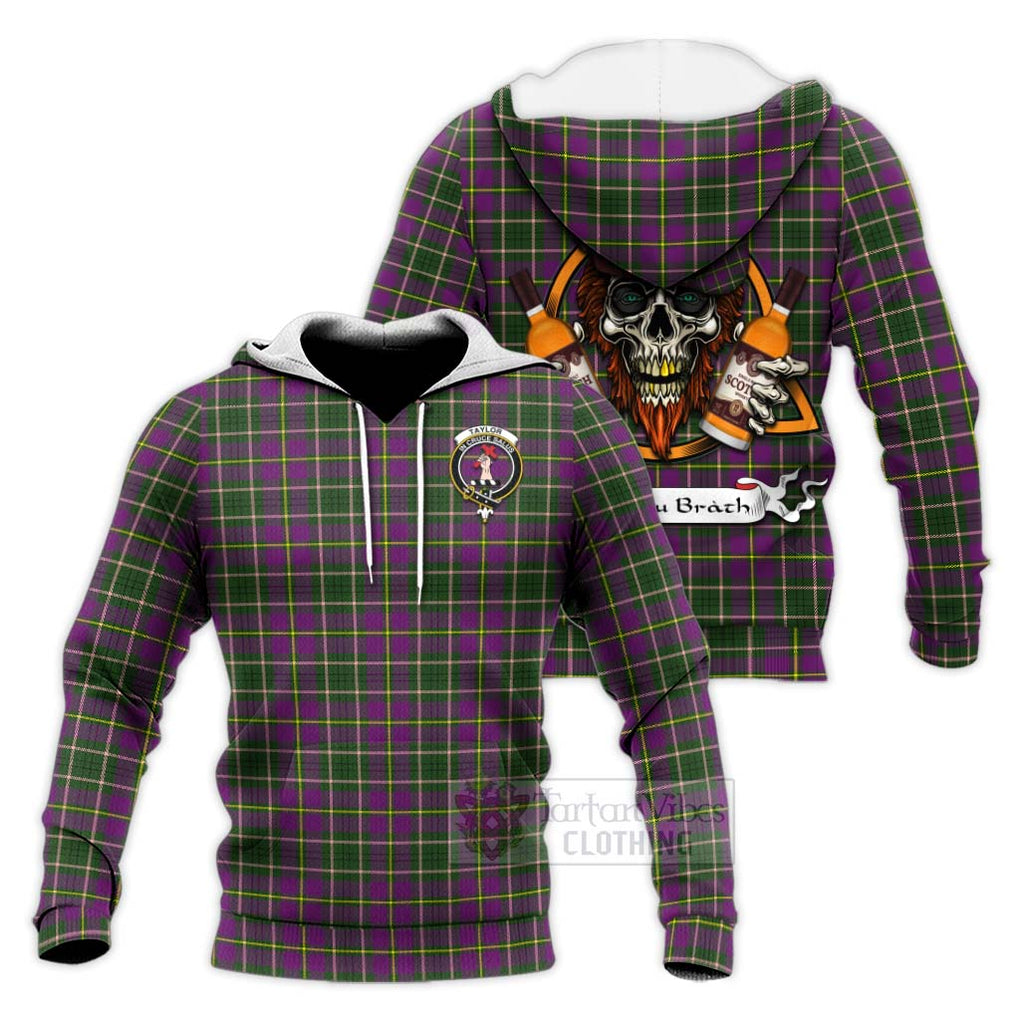 Tartan Vibes Clothing Taylor (Tailylour) Tartan Knitted Hoodie with Family Crest and Bearded Skull Holding Bottles of Whiskey