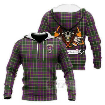 Taylor (Tailylour) Tartan Knitted Hoodie with Family Crest and Bearded Skull Holding Bottles of Whiskey