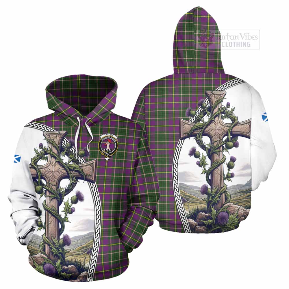 Tartan Vibes Clothing Taylor (Tailylour) Tartan Hoodie with Family Crest and St. Andrew's Cross Accented by Thistle Vines