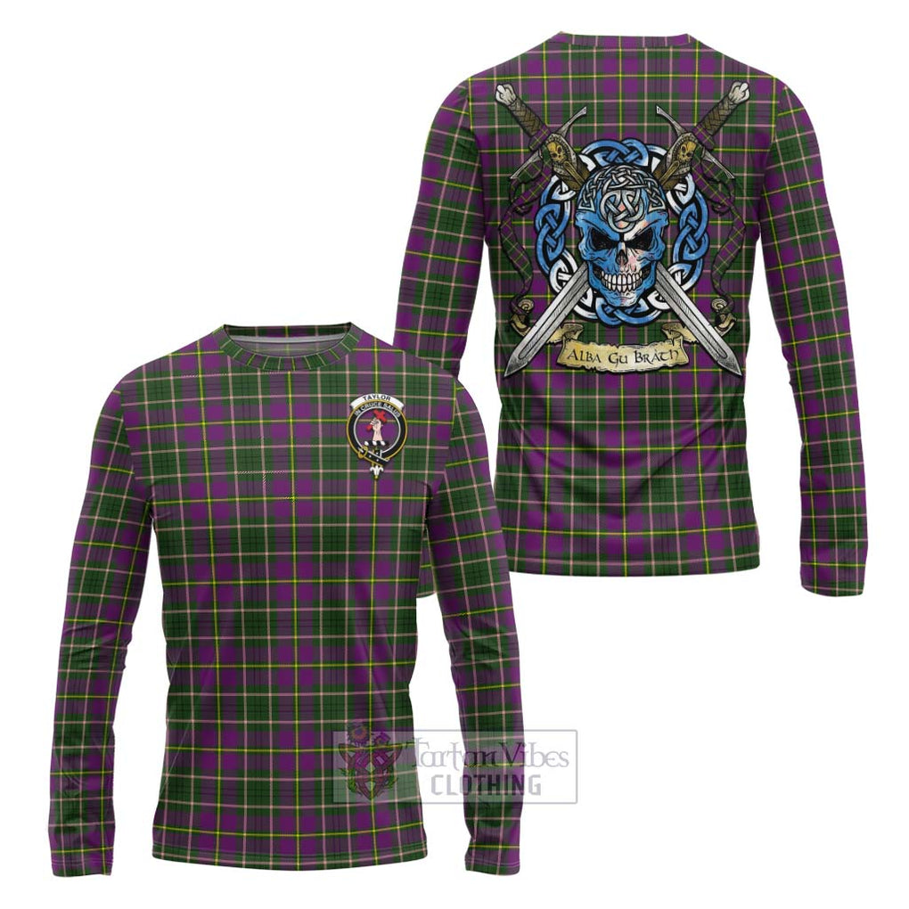 Tartan Vibes Clothing Taylor (Tailylour) Tartan Long Sleeve T-Shirt with Family Crest Celtic Skull Style