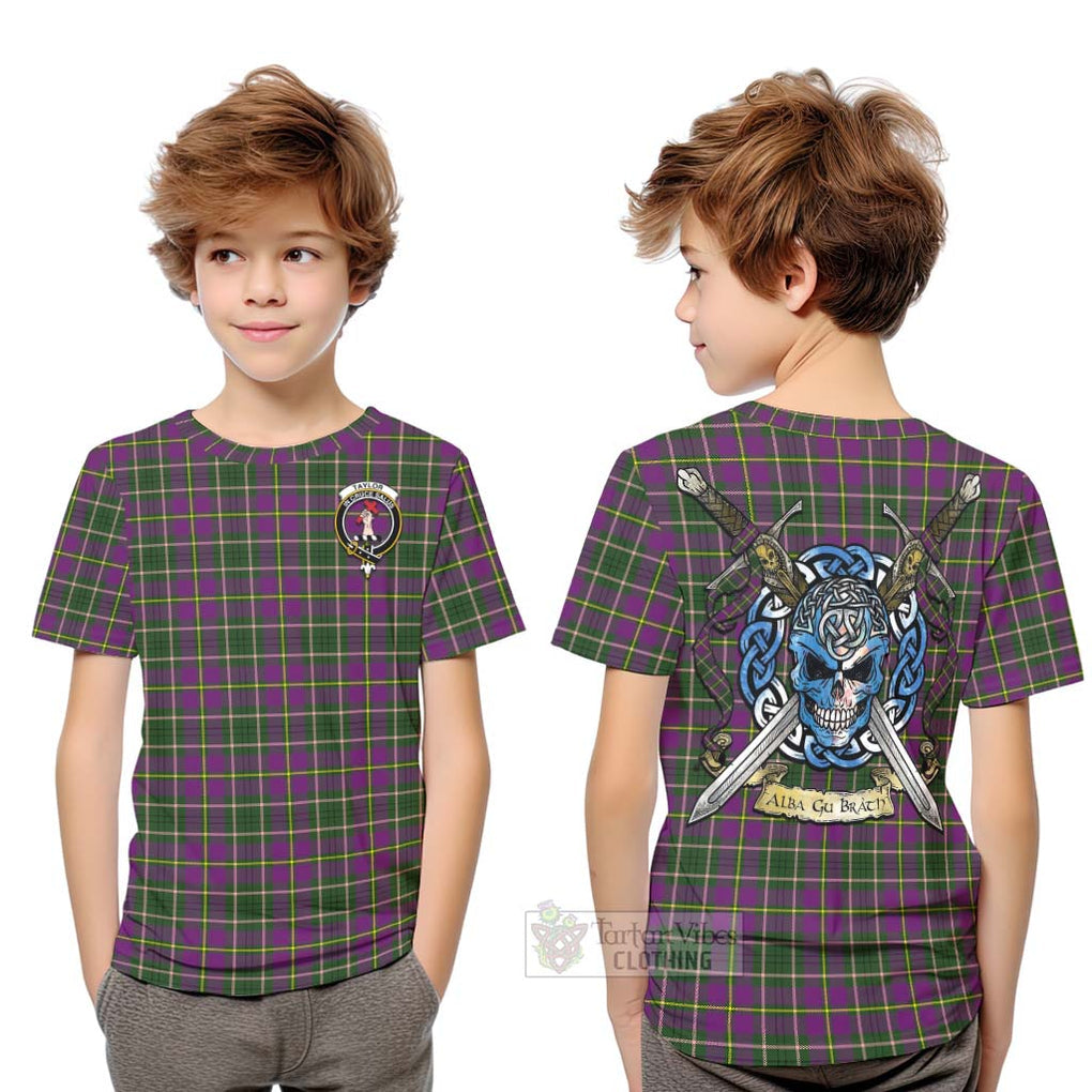 Tartan Vibes Clothing Taylor (Tailylour) Tartan Kid T-Shirt with Family Crest Celtic Skull Style