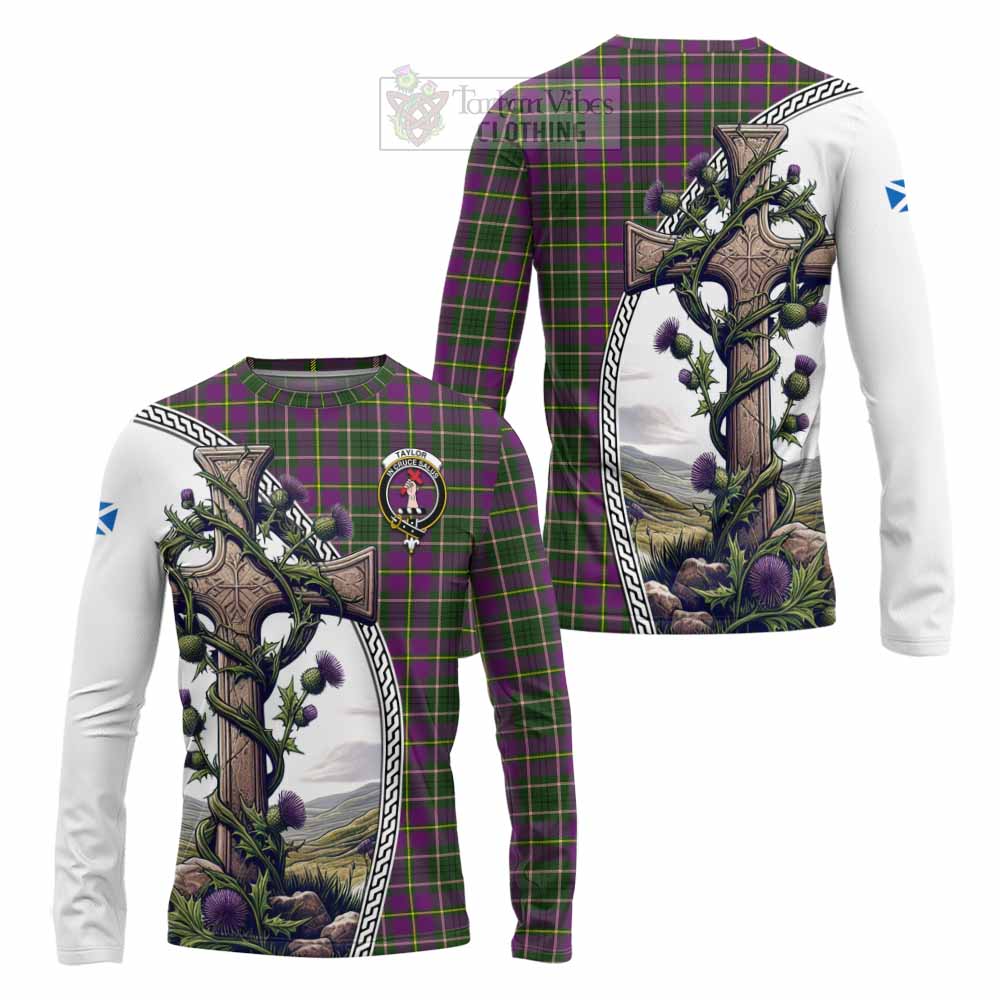 Tartan Vibes Clothing Taylor (Tailylour) Tartan Long Sleeve T-Shirt with Family Crest and St. Andrew's Cross Accented by Thistle Vines