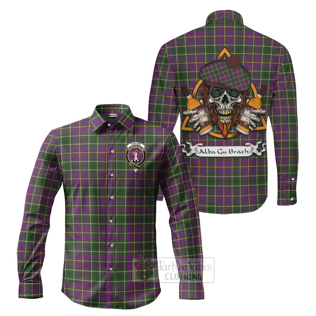 Tartan Vibes Clothing Taylor (Tailylour) Tartan Long Sleeve Button Shirt with Family Crest and Bearded Skull Holding Bottles of Whiskey