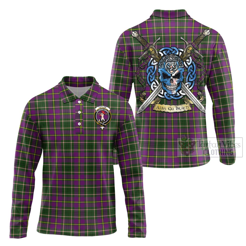 Tartan Vibes Clothing Taylor (Tailylour) Tartan Long Sleeve Polo Shirt with Family Crest Celtic Skull Style