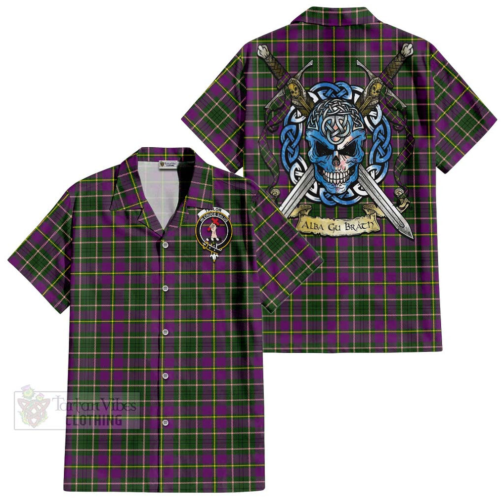 Tartan Vibes Clothing Taylor (Tailylour) Tartan Short Sleeve Button Shirt with Family Crest Celtic Skull Style