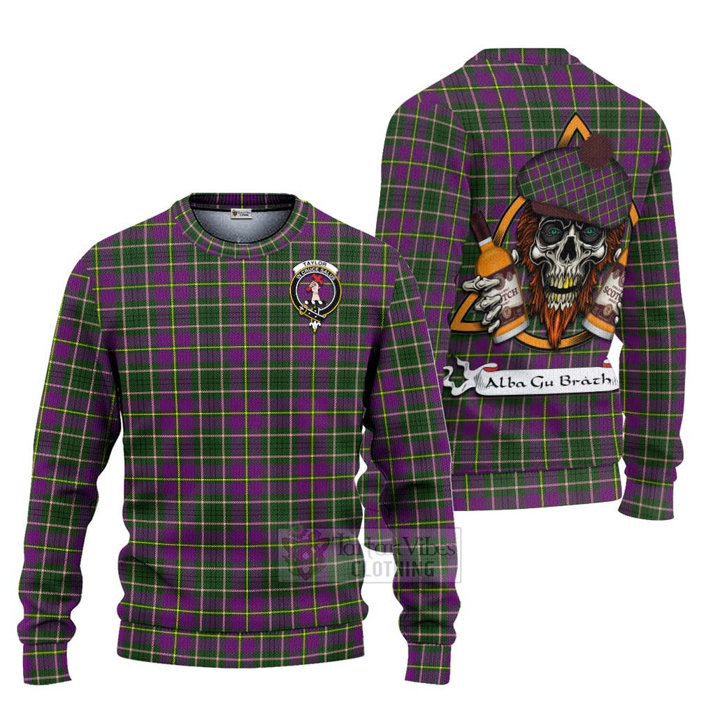 Tartan Vibes Clothing Taylor (Tailylour) Tartan Knitted Sweater with Family Crest and Bearded Skull Holding Bottles of Whiskey