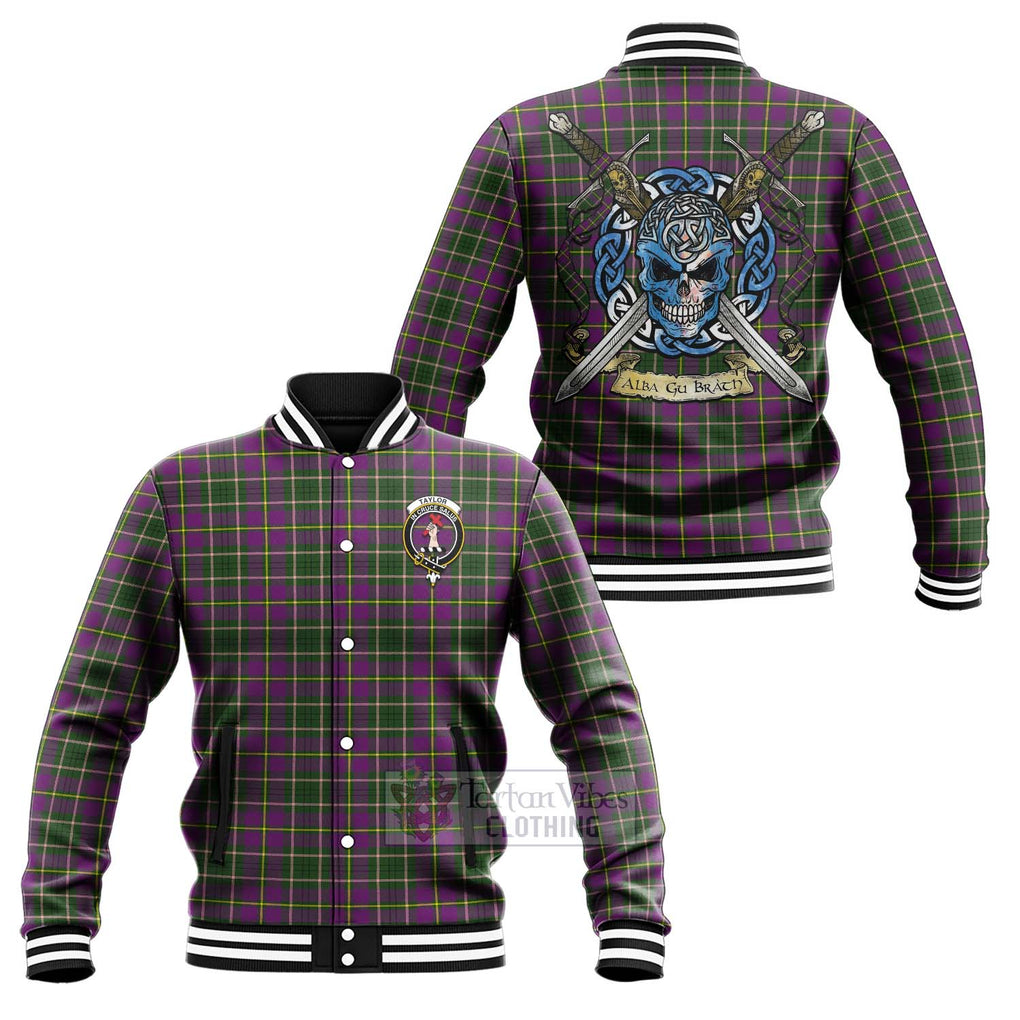 Tartan Vibes Clothing Taylor (Tailylour) Tartan Baseball Jacket with Family Crest Celtic Skull Style