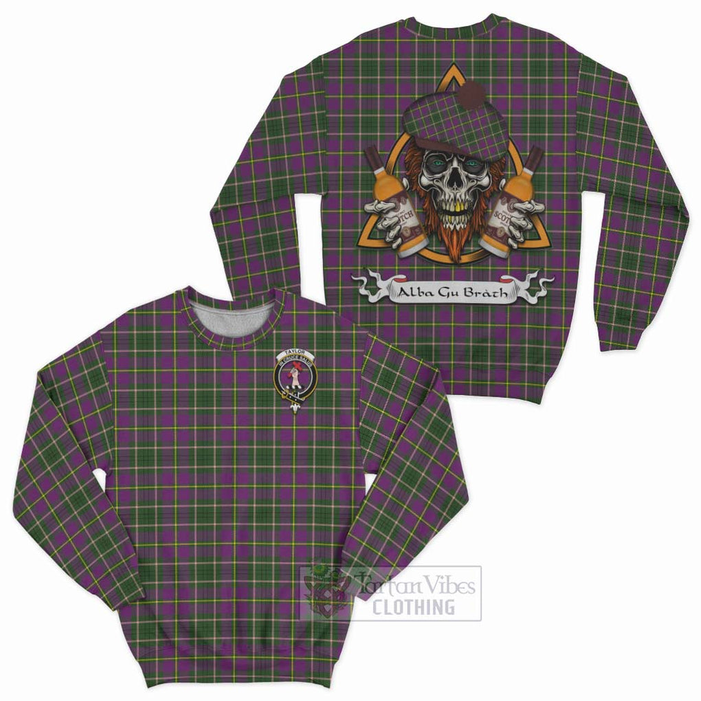 Tartan Vibes Clothing Taylor (Tailylour) Tartan Sweatshirt with Family Crest and Bearded Skull Holding Bottles of Whiskey