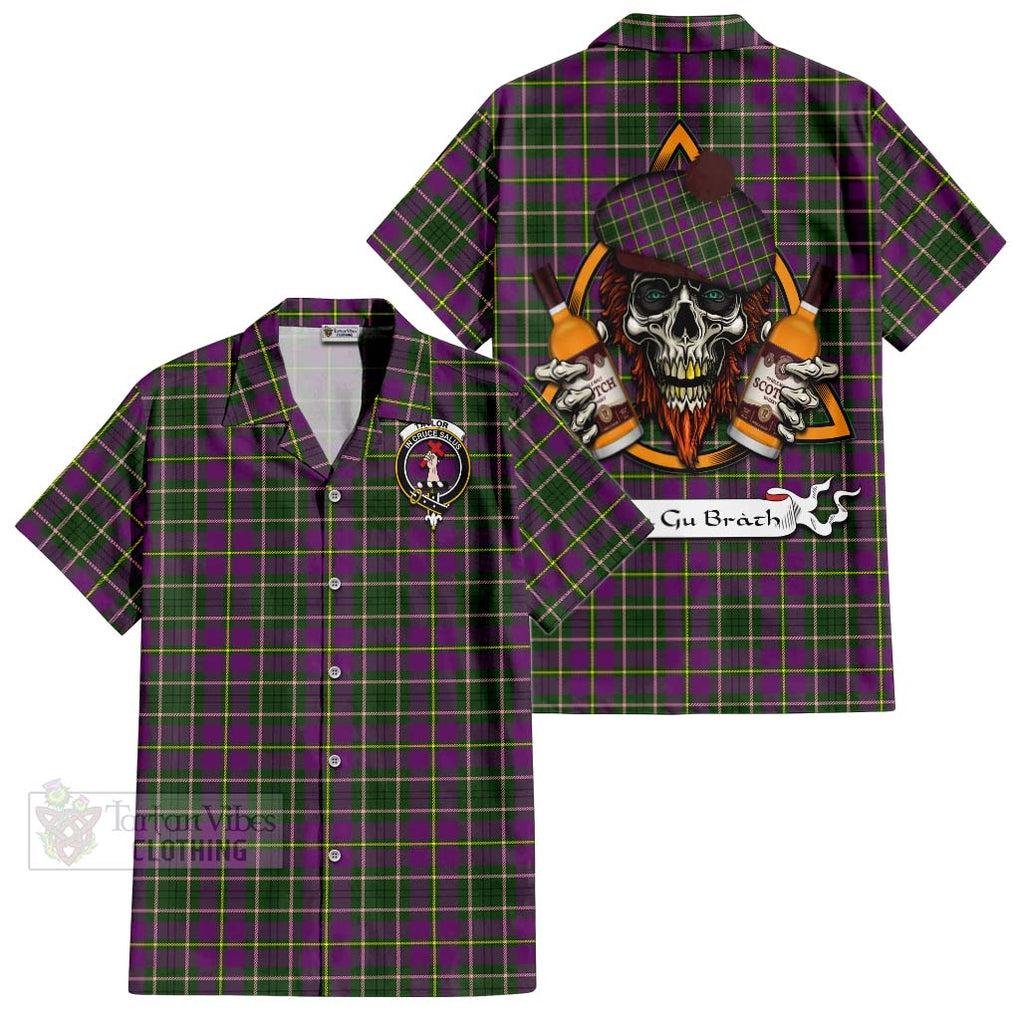 Tartan Vibes Clothing Taylor (Tailylour) Tartan Short Sleeve Button Shirt with Family Crest and Bearded Skull Holding Bottles of Whiskey