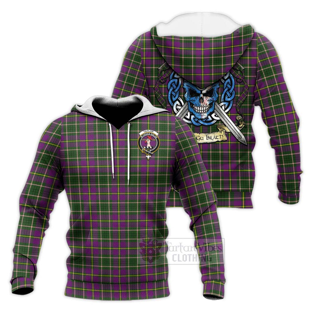 Tartan Vibes Clothing Taylor (Tailylour) Tartan Knitted Hoodie with Family Crest Celtic Skull Style