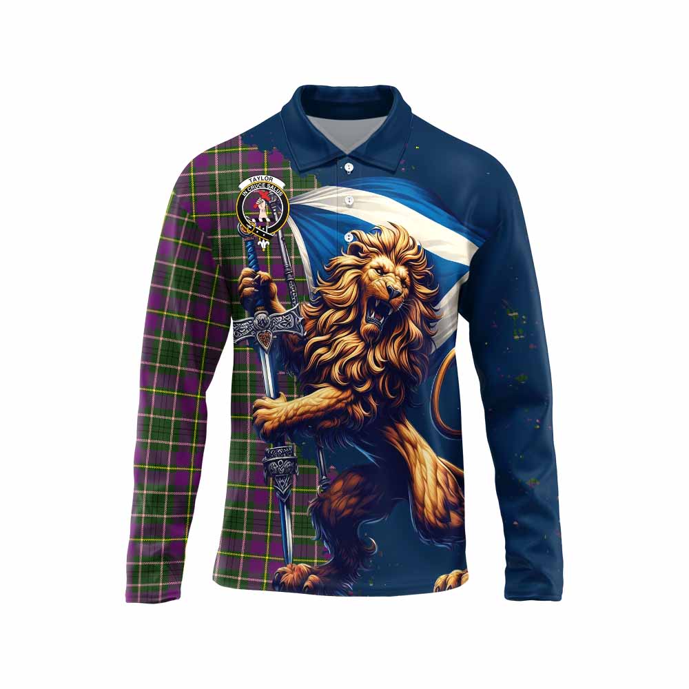 Tartan Vibes Clothing Taylor (Tailylour) Tartan Family Crest Long Sleeve Polo Shirt with Scottish Majestic Lion