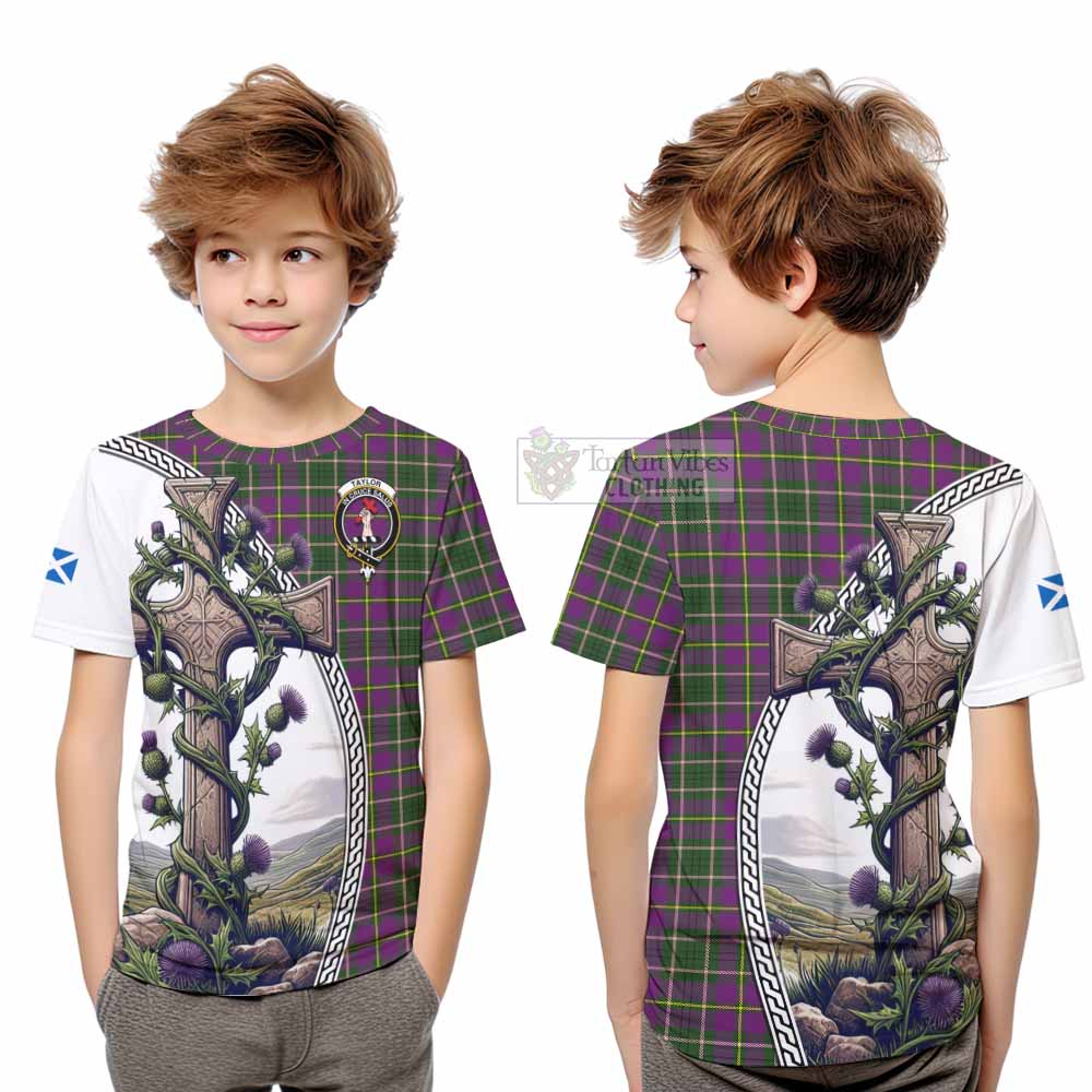 Tartan Vibes Clothing Taylor (Tailylour) Tartan Kid T-Shirt with Family Crest and St. Andrew's Cross Accented by Thistle Vines