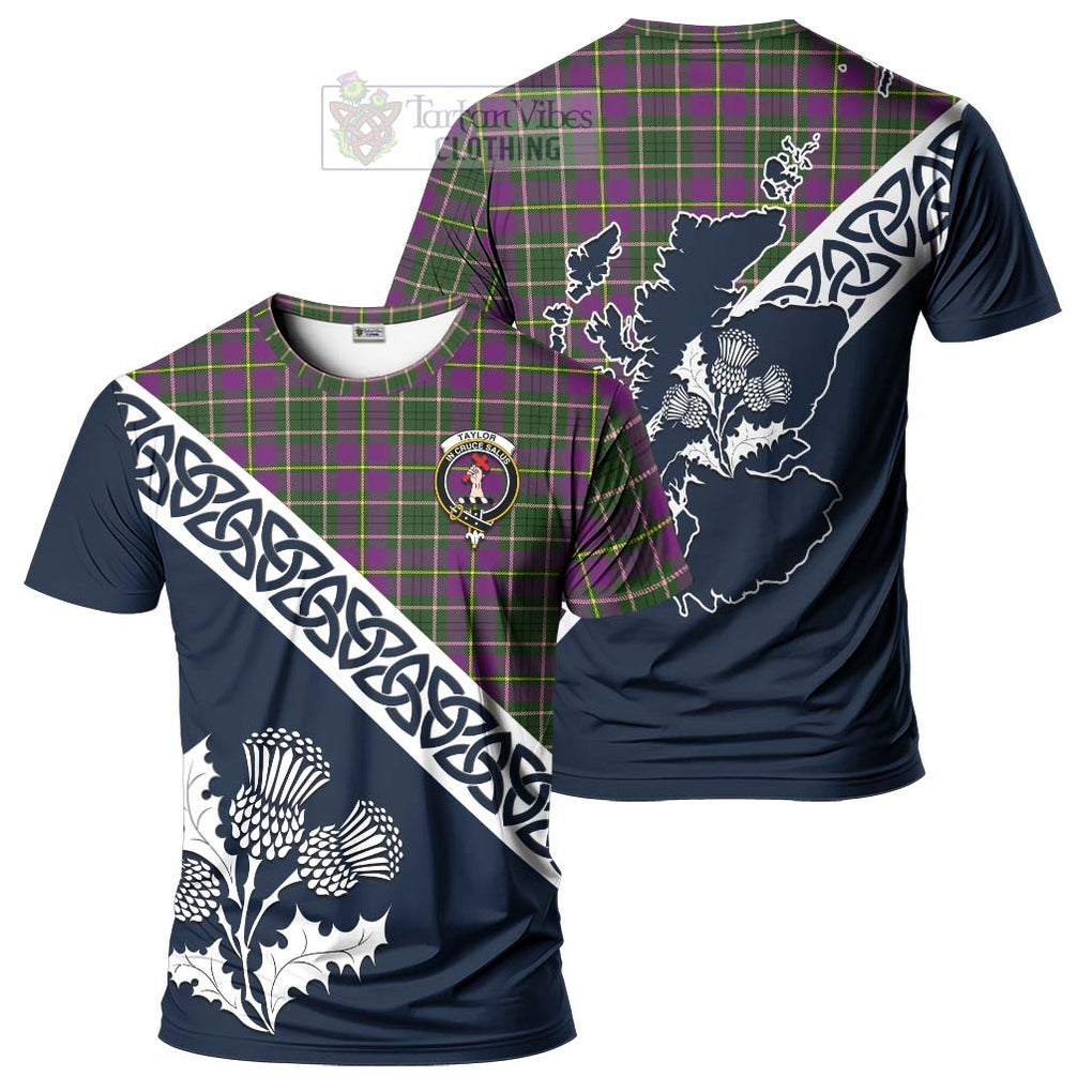 Taylor (Tailylour) Tartan T-Shirt Featuring Thistle and Scotland Map