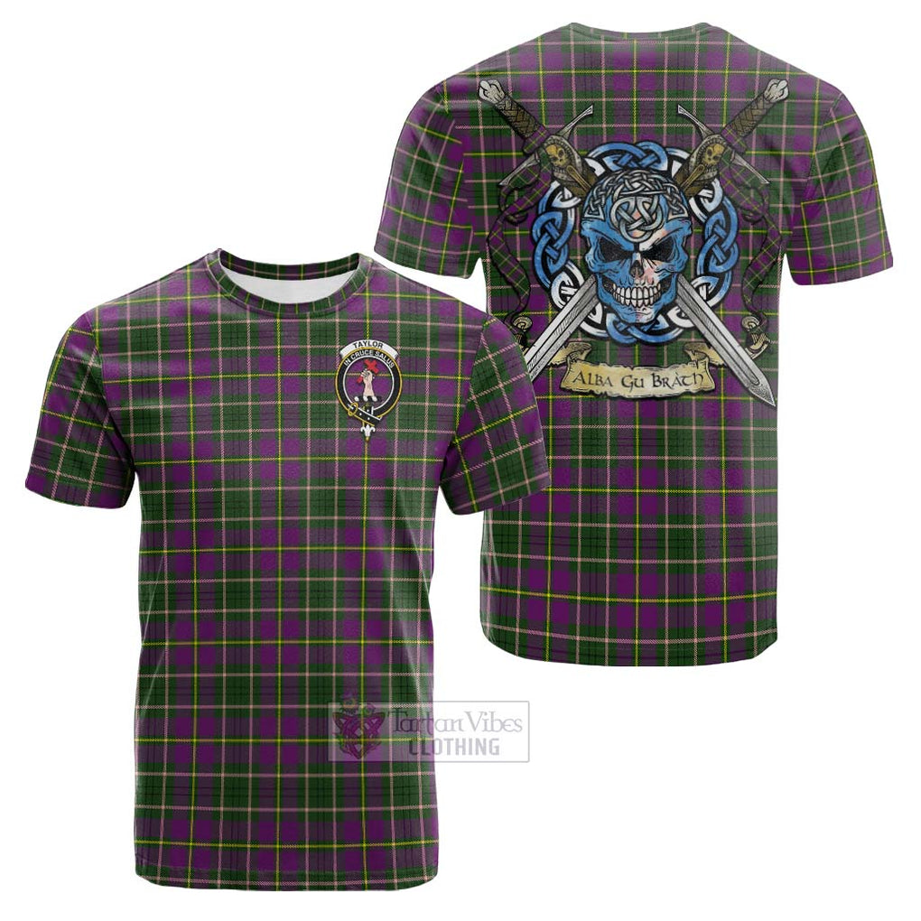 Tartan Vibes Clothing Taylor (Tailylour) Tartan Cotton T-shirt with Family Crest Celtic Skull Style