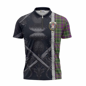 Taylor (Tailylour) Tartan Zipper Polo Shirt with Family Crest Cross Sword Thistle Celtic Vibes