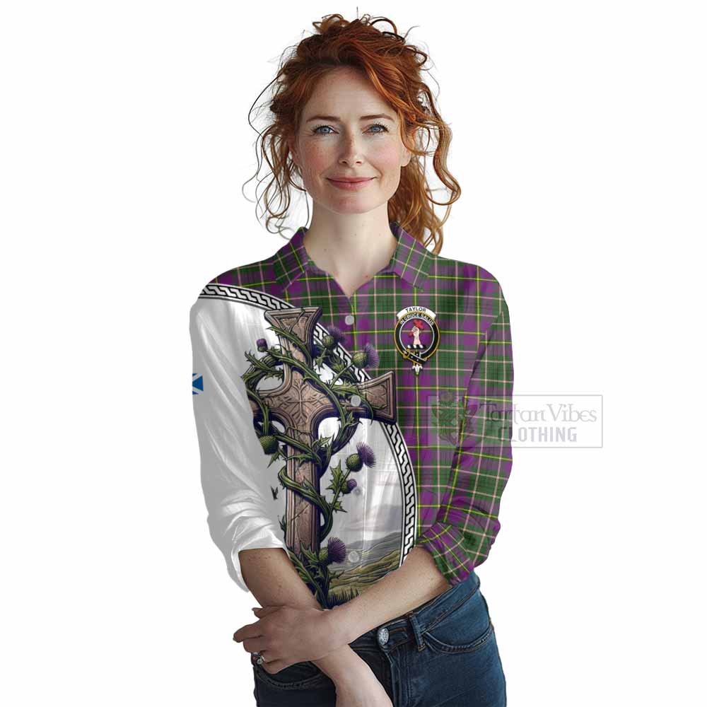 Tartan Vibes Clothing Taylor (Tailylour) Tartan Women's Casual Shirt with Family Crest and St. Andrew's Cross Accented by Thistle Vines