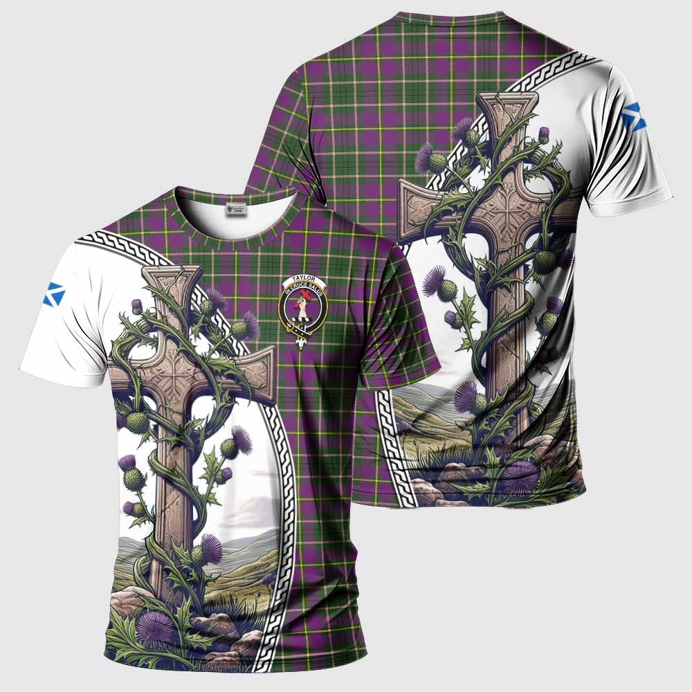 Tartan Vibes Clothing Taylor (Tailylour) Agnew Tartan T-Shirt with Family Crest and St. Andrew's Cross Accented by Thistle Vines