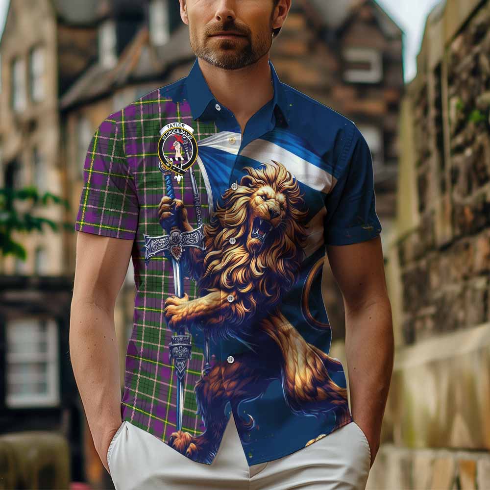 Tartan Vibes Clothing Taylor (Tailylour) Tartan Family Crest Short Sleeve Button Shirt with Scottish Majestic Lion