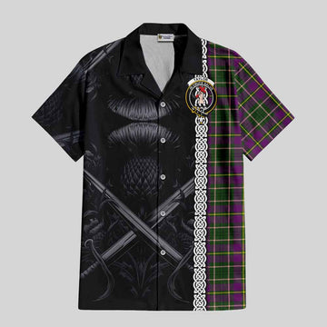 Taylor (Tailylour) Tartan Short Sleeve Button Shirt with Family Crest Cross Sword Thistle Celtic Vibes