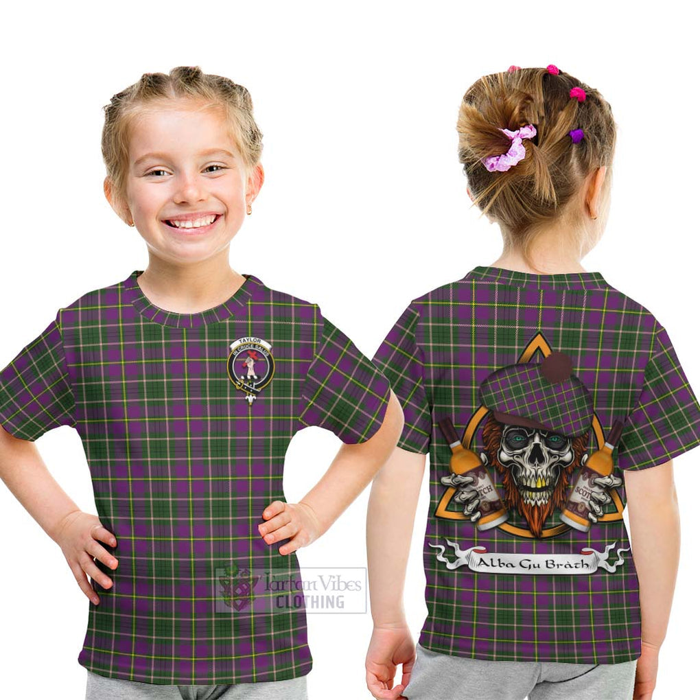 Tartan Vibes Clothing Taylor (Tailylour) Tartan Kid T-Shirt with Family Crest and Bearded Skull Holding Bottles of Whiskey