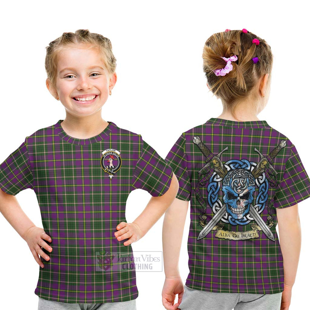 Tartan Vibes Clothing Taylor (Tailylour) Tartan Kid T-Shirt with Family Crest Celtic Skull Style