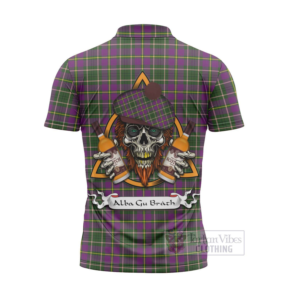 Tartan Vibes Clothing Taylor (Tailylour) Tartan Zipper Polo Shirt with Family Crest and Bearded Skull Holding Bottles of Whiskey