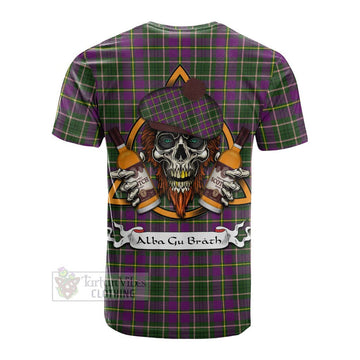 Taylor (Tailylour) Tartan Cotton T-shirt with Family Crest and Bearded Skull Holding Bottles of Whiskey