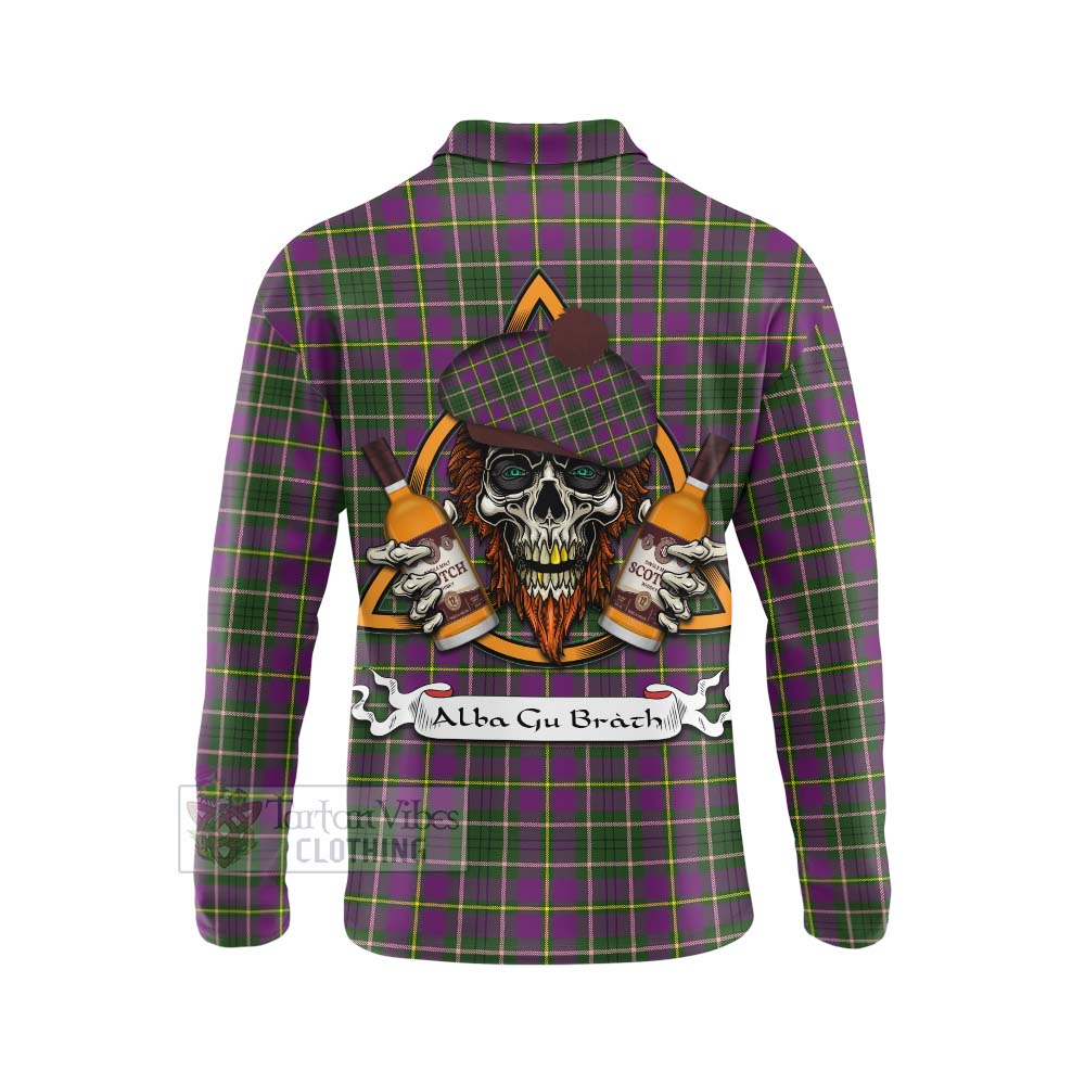 Tartan Vibes Clothing Taylor (Tailylour) Tartan Long Sleeve Polo Shirt with Family Crest and Bearded Skull Holding Bottles of Whiskey