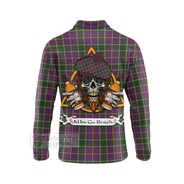 Taylor (Tailylour) Tartan Long Sleeve Polo Shirt with Family Crest and Bearded Skull Holding Bottles of Whiskey