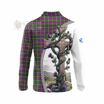 Taylor (Tailylour) Tartan Long Sleeve Polo Shirt with Family Crest and St. Andrew's Cross Accented by Thistle Vines