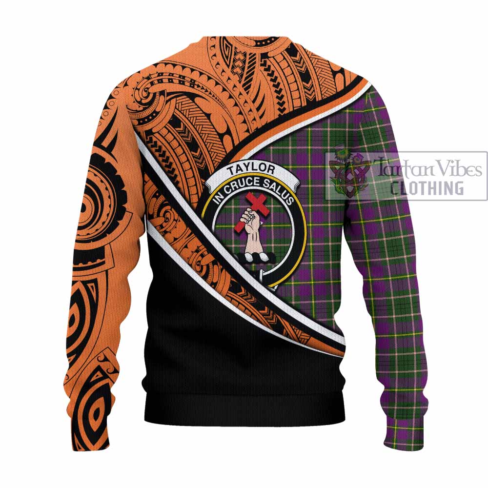 Tartan Vibes Clothing Taylor (Tailylour) Crest Tartan Knitted Sweater with Maori Tattoo Style - Orange Version