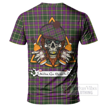 Taylor (Tailylour) Tartan T-Shirt with Family Crest and Bearded Skull Holding Bottles of Whiskey