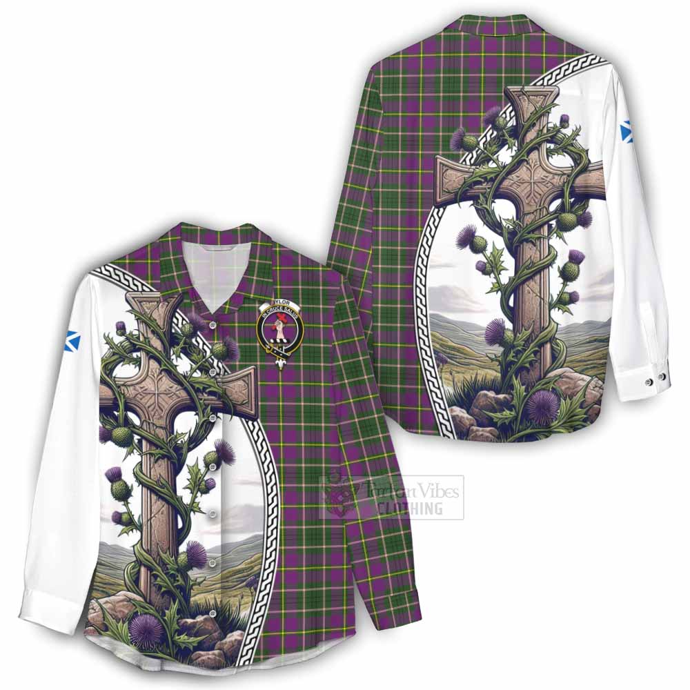 Tartan Vibes Clothing Taylor (Tailylour) Tartan Women's Casual Shirt with Family Crest and St. Andrew's Cross Accented by Thistle Vines