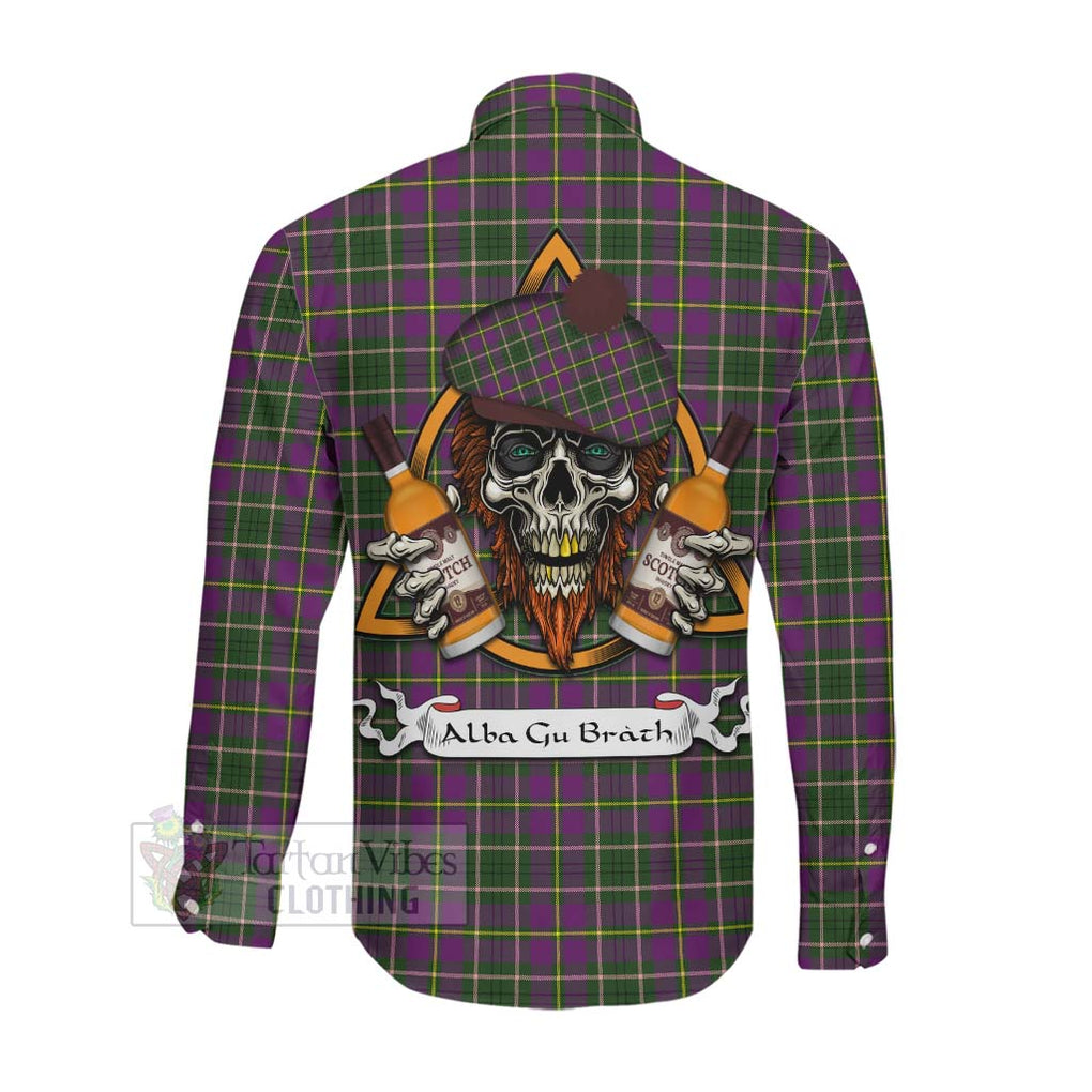 Tartan Vibes Clothing Taylor (Tailylour) Tartan Long Sleeve Button Shirt with Family Crest and Bearded Skull Holding Bottles of Whiskey