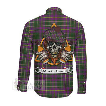 Taylor (Tailylour) Tartan Long Sleeve Button Shirt with Family Crest and Bearded Skull Holding Bottles of Whiskey