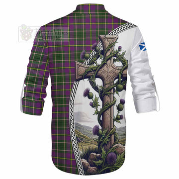 Taylor (Tailylour) Tartan Ghillie Kilt Shirt with Family Crest and St. Andrew's Cross Accented by Thistle Vines