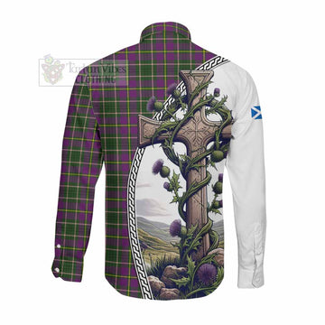 Taylor (Tailylour) Tartan Long Sleeve Button Shirt with Family Crest and St. Andrew's Cross Accented by Thistle Vines